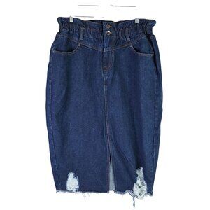 Womens City Chic Distressed High-Waisted Blue Denim Midi Skirt Cotton Blend S